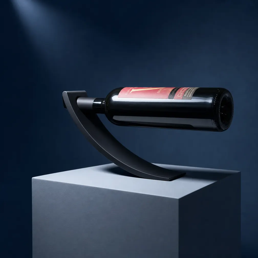 Davinci wine holder with a smooth black finish displayed on a studio pedestal