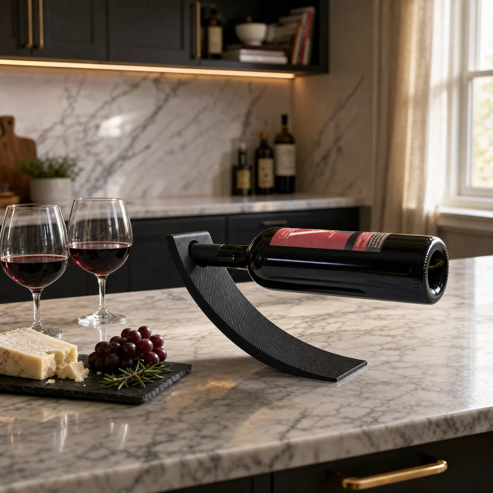 Davinci wine holder grounded on a black marble kitchen counter