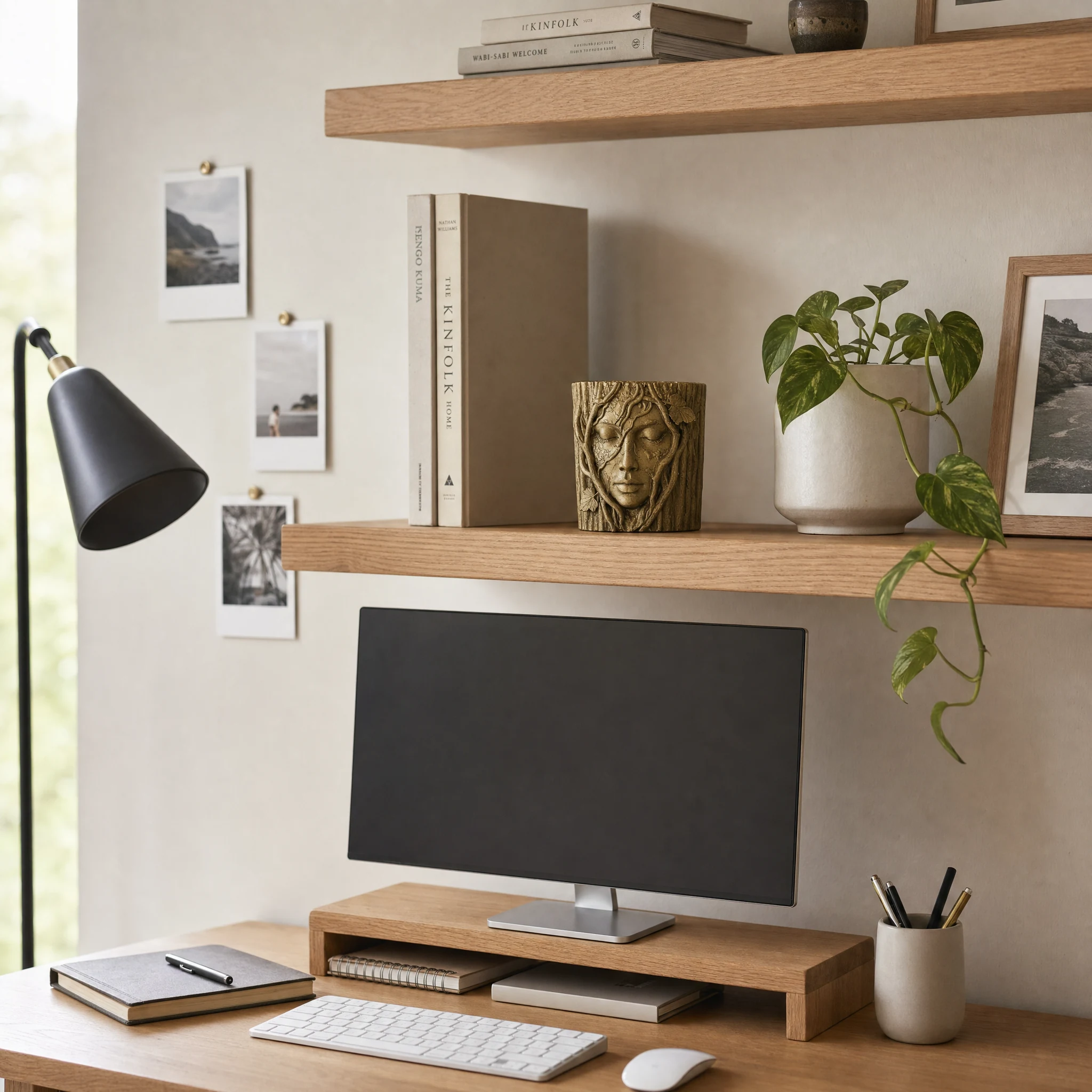 Sylvana decor styled on a warm modern desk shelf