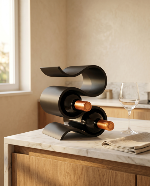 The Connoisseur wine holder styled on a marble kitchen counter