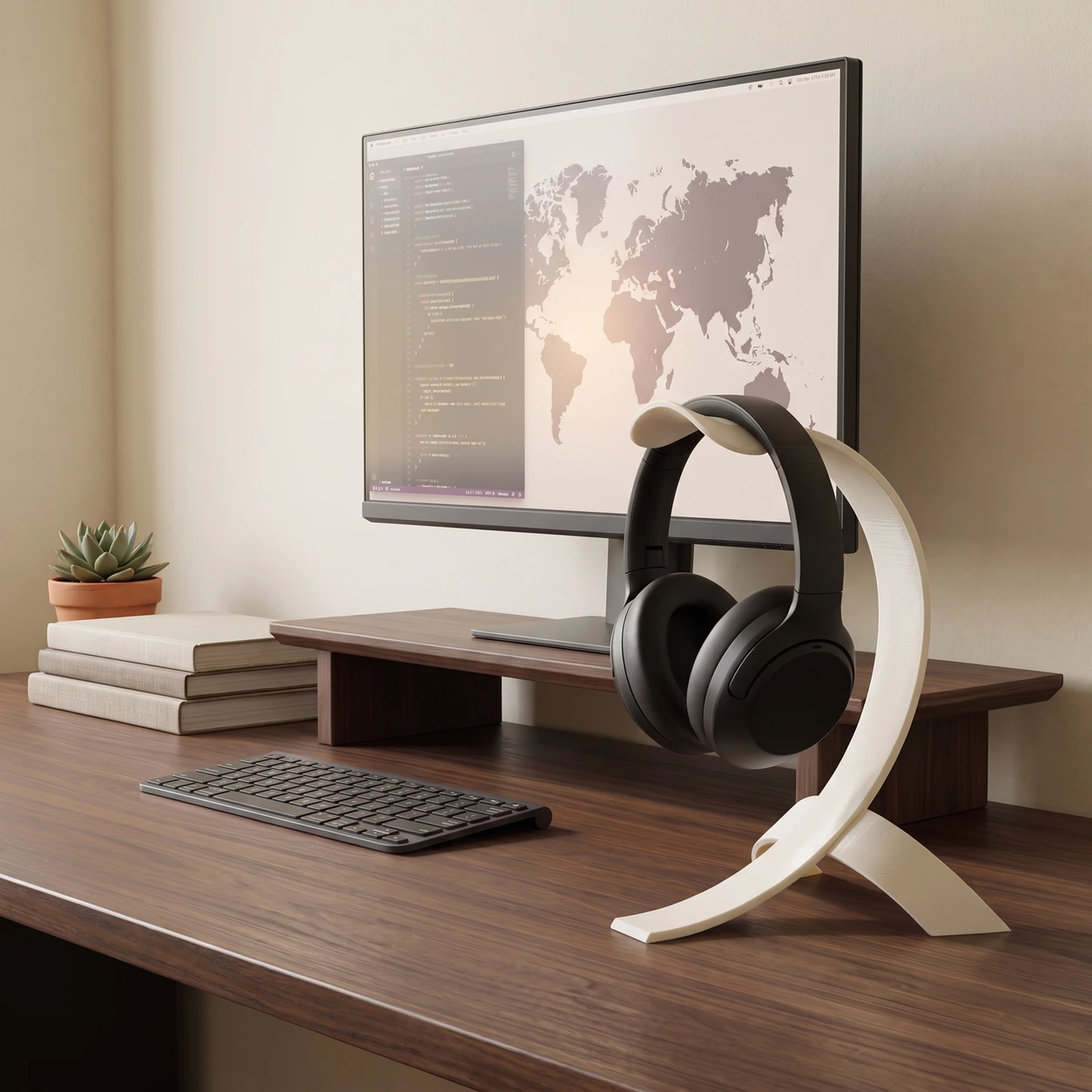 Calm Crest headphone stand with headphones balanced near the edge