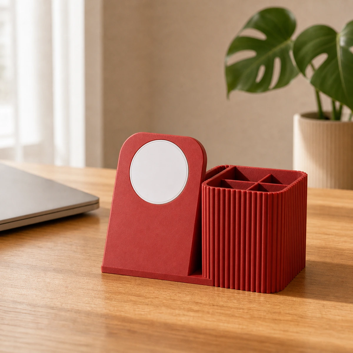 Mags Megalith in Nuclear Red on a studio plinth