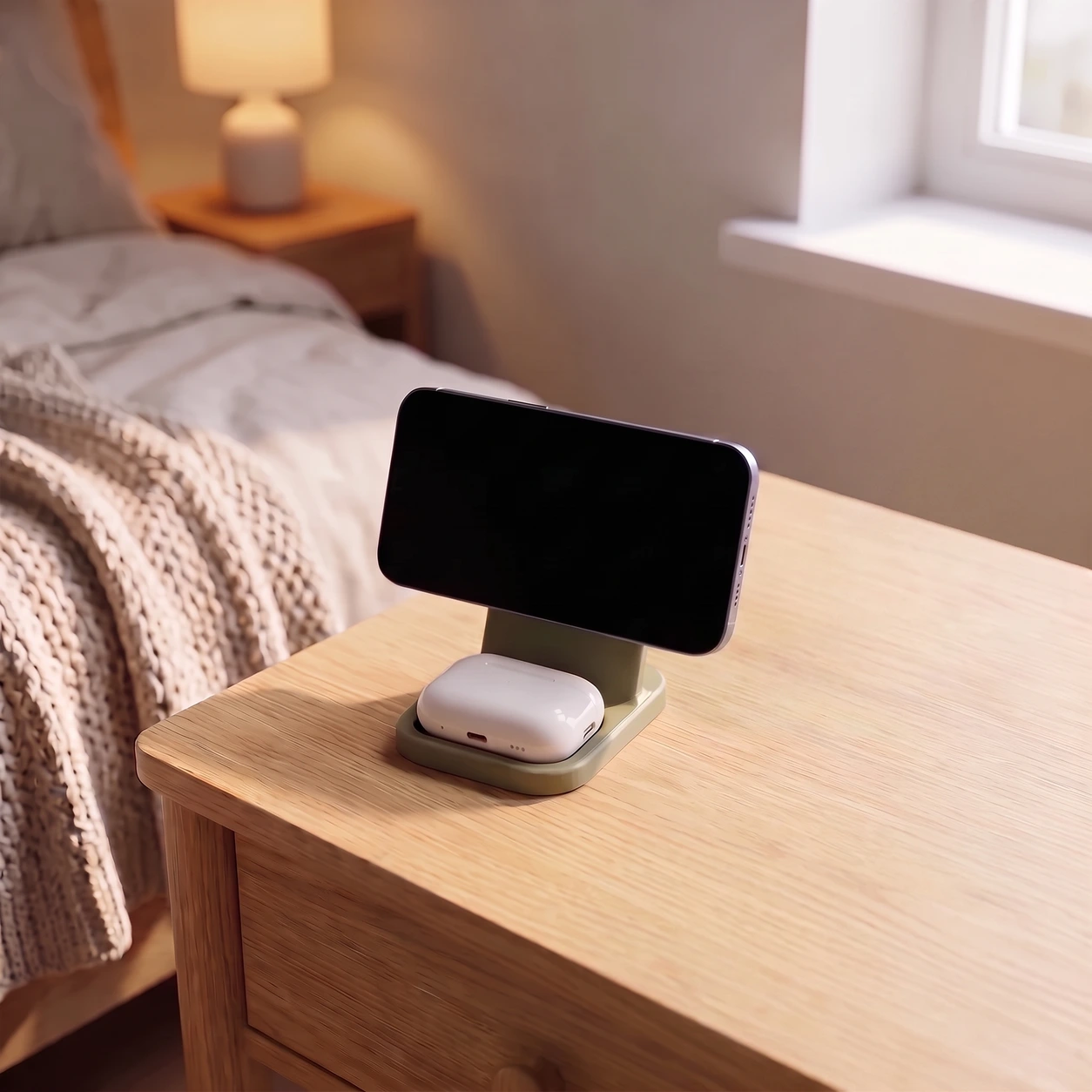 Steves Vision in Army Green on a bedside nightstand