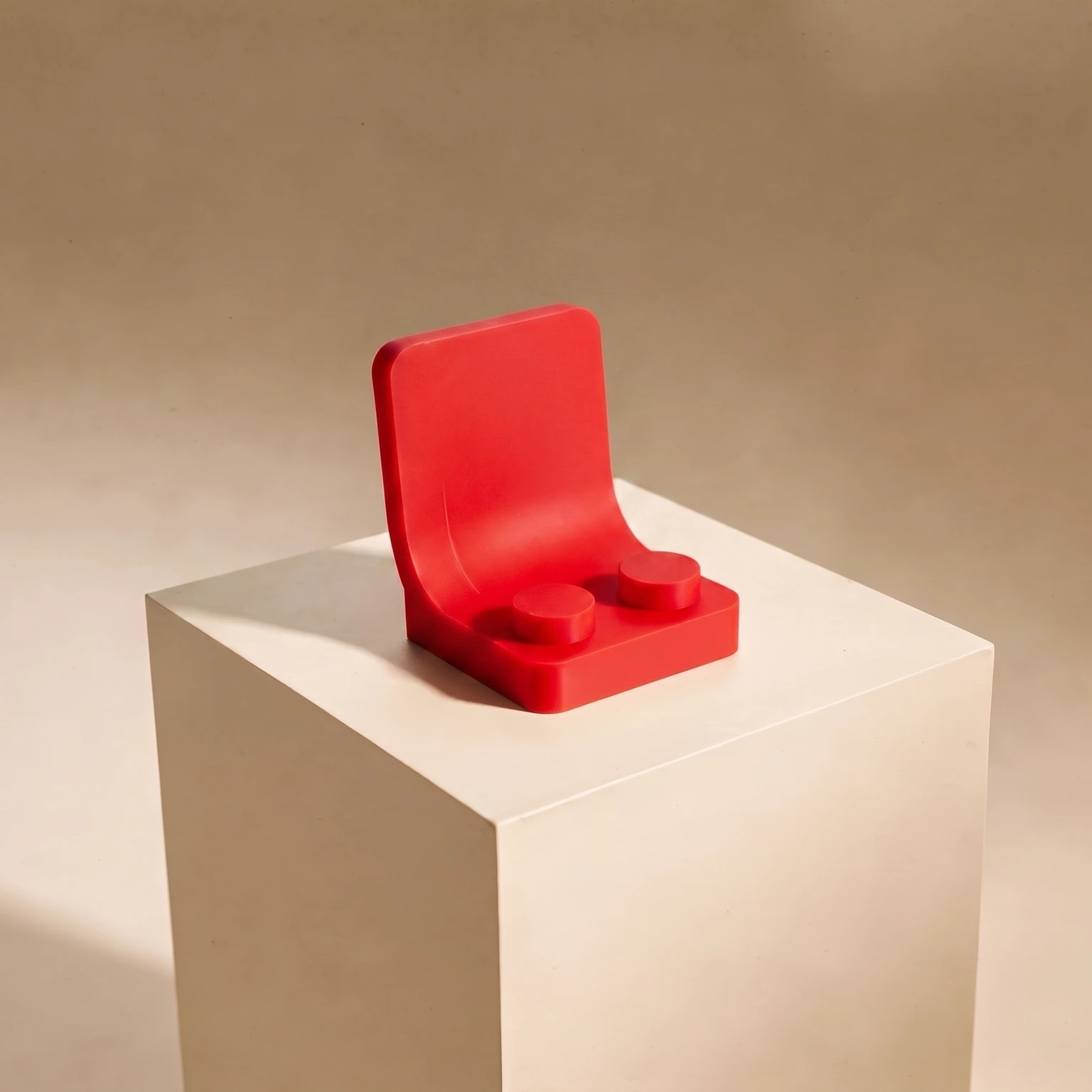 The Brick Phone Stand holding a phone on a plinth