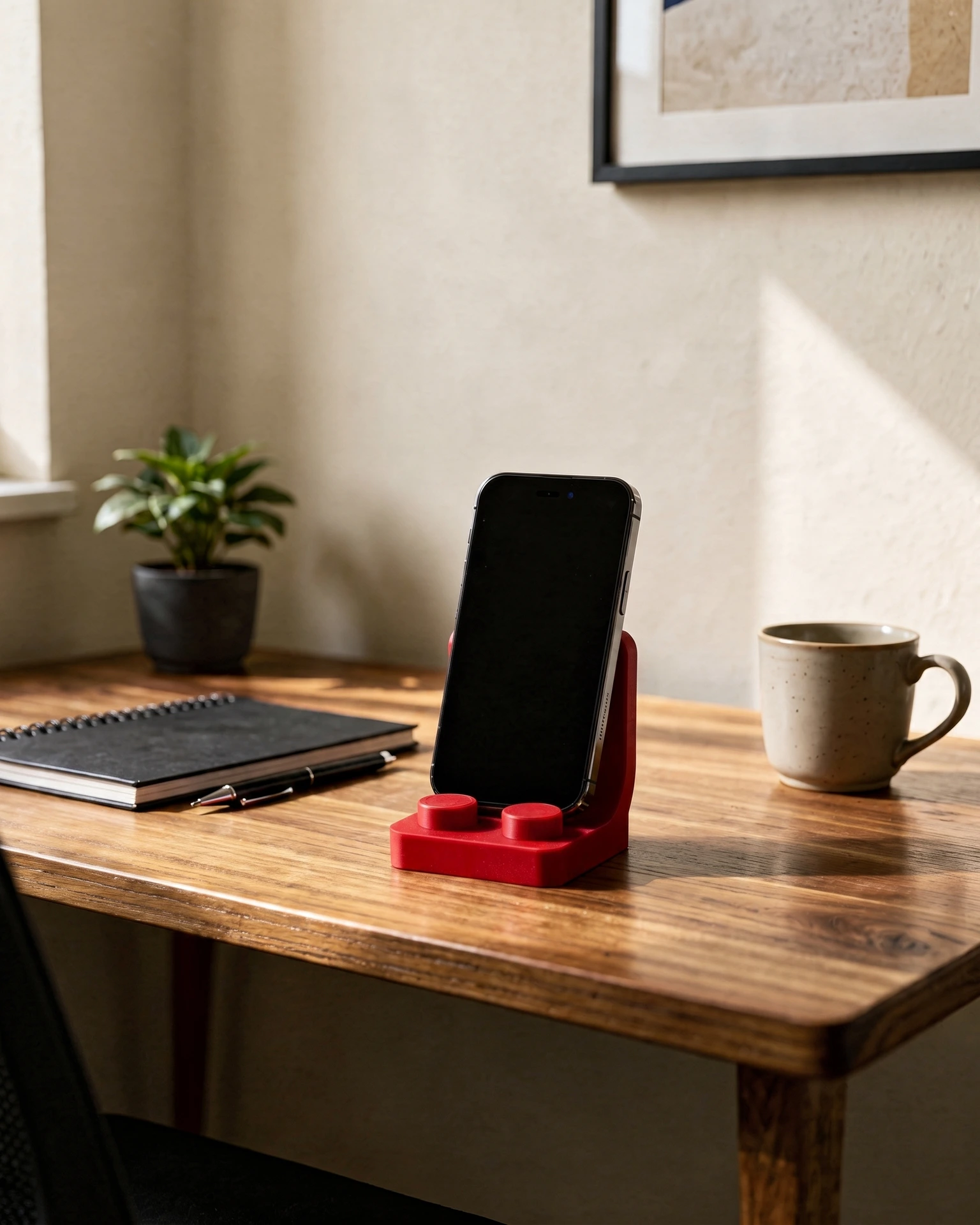 The Brick Phone Stand on a wooden desk