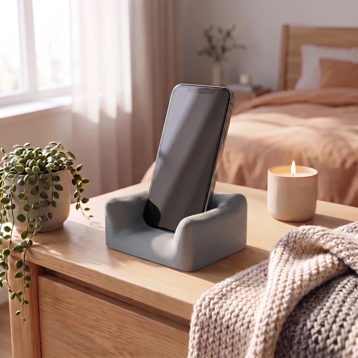 The Phone Couch in Moon Grey holding a phone