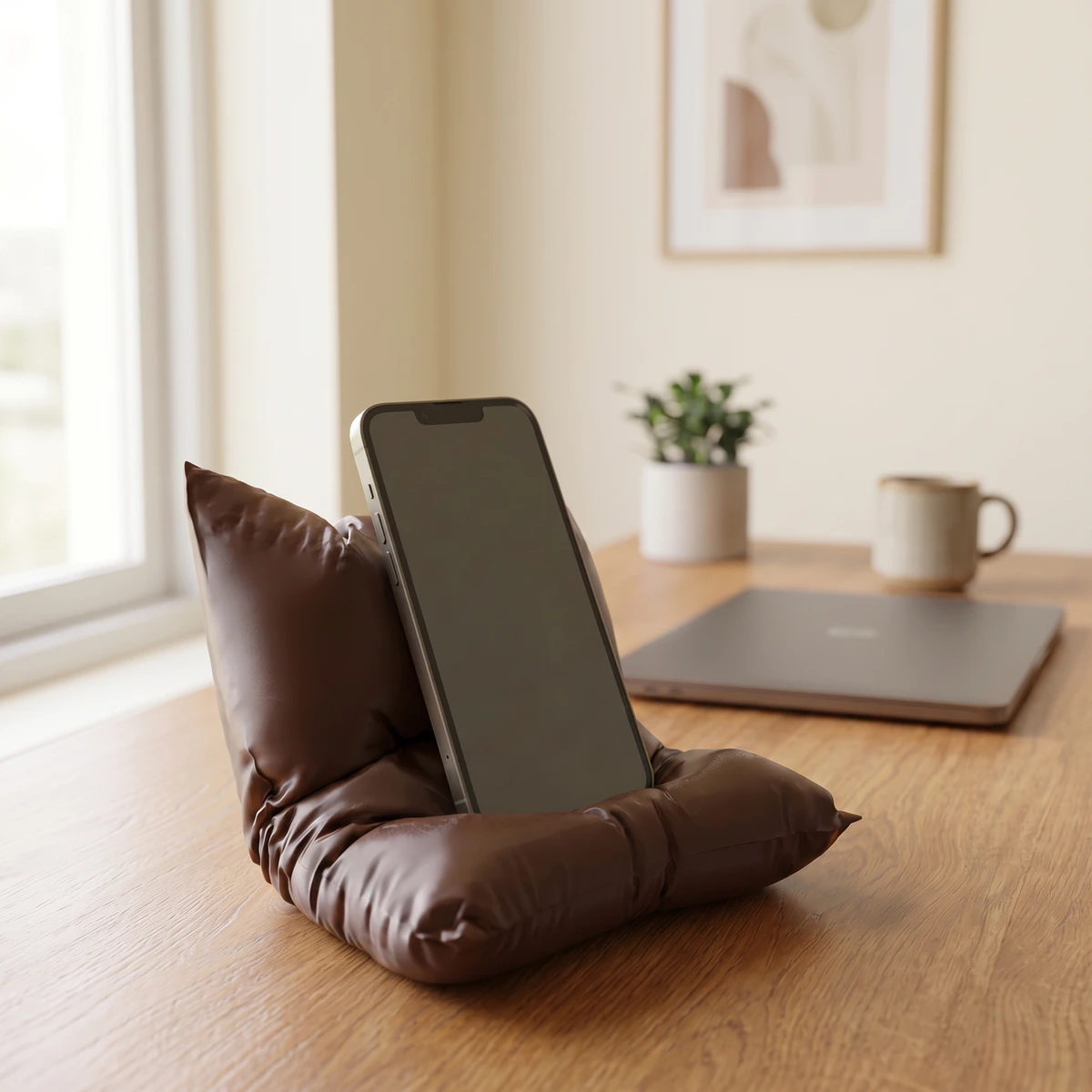 The Phone Pillow in Chocolate Brown styled on a desk