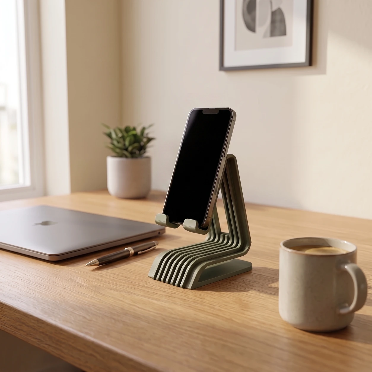 The Shoyu in Army Green holding a phone on a home-office desk