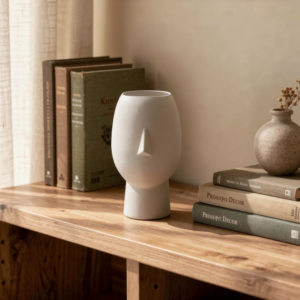 Prosopo Decor in Pure White styled on a shelf