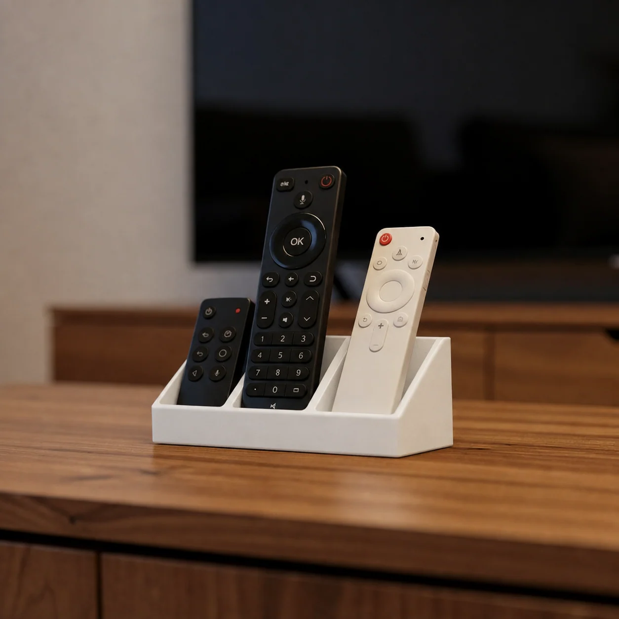 The Dock in White styled below a TV