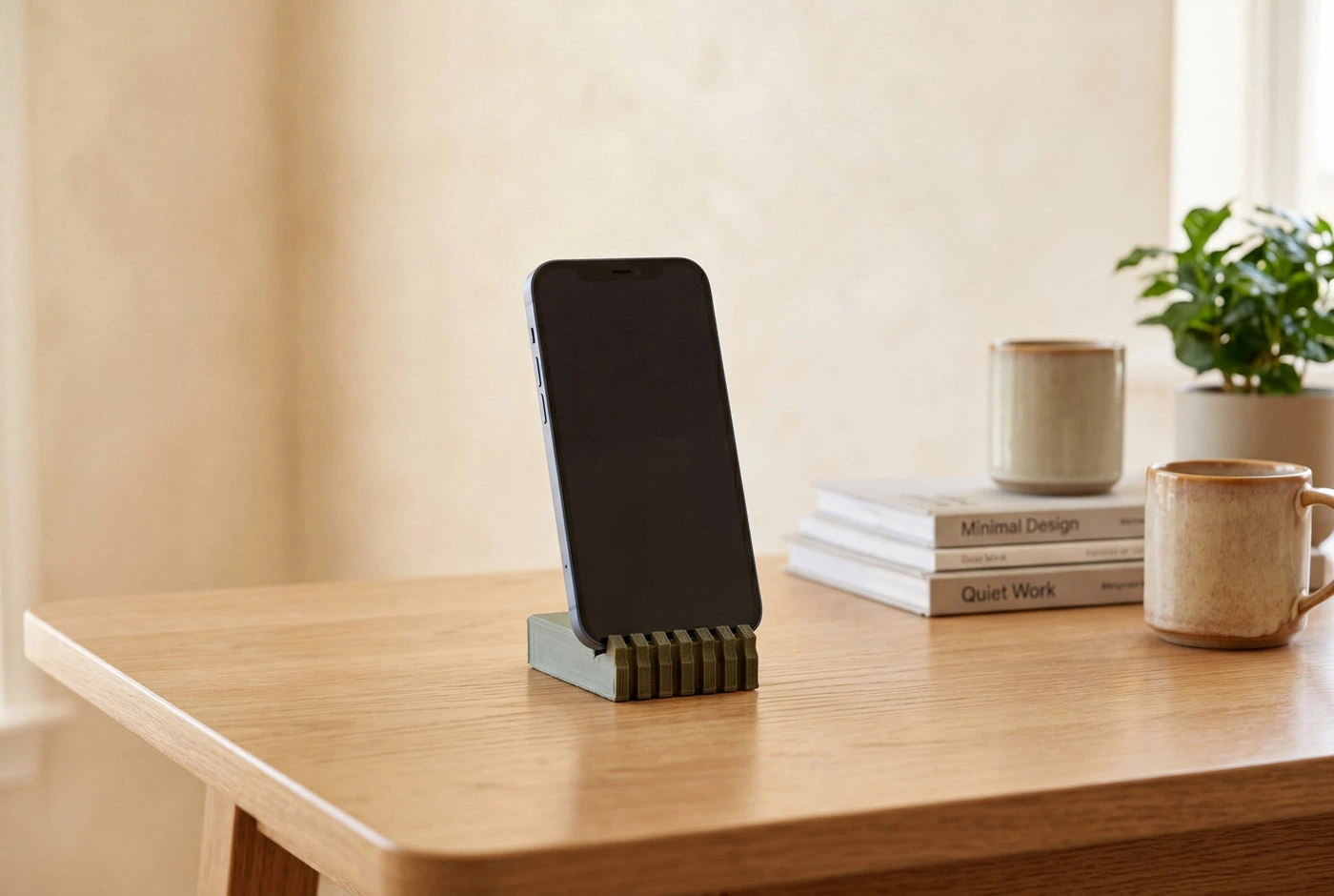 The Ridge Holder phone stand in Army Green styled on a desk