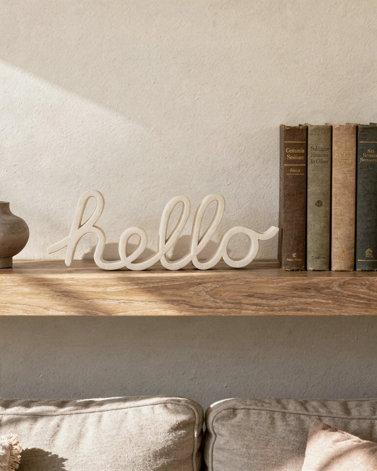 Steve's Hello in White styled on a shelf