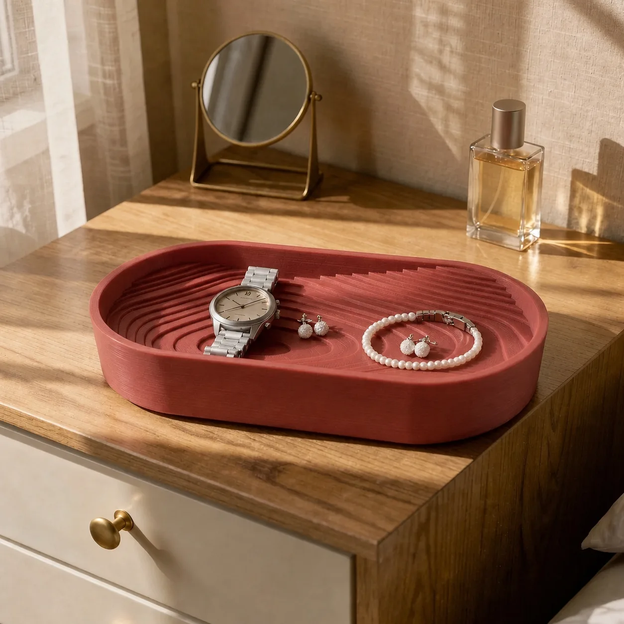 The Topo Tray in Red styled on a warm dresser