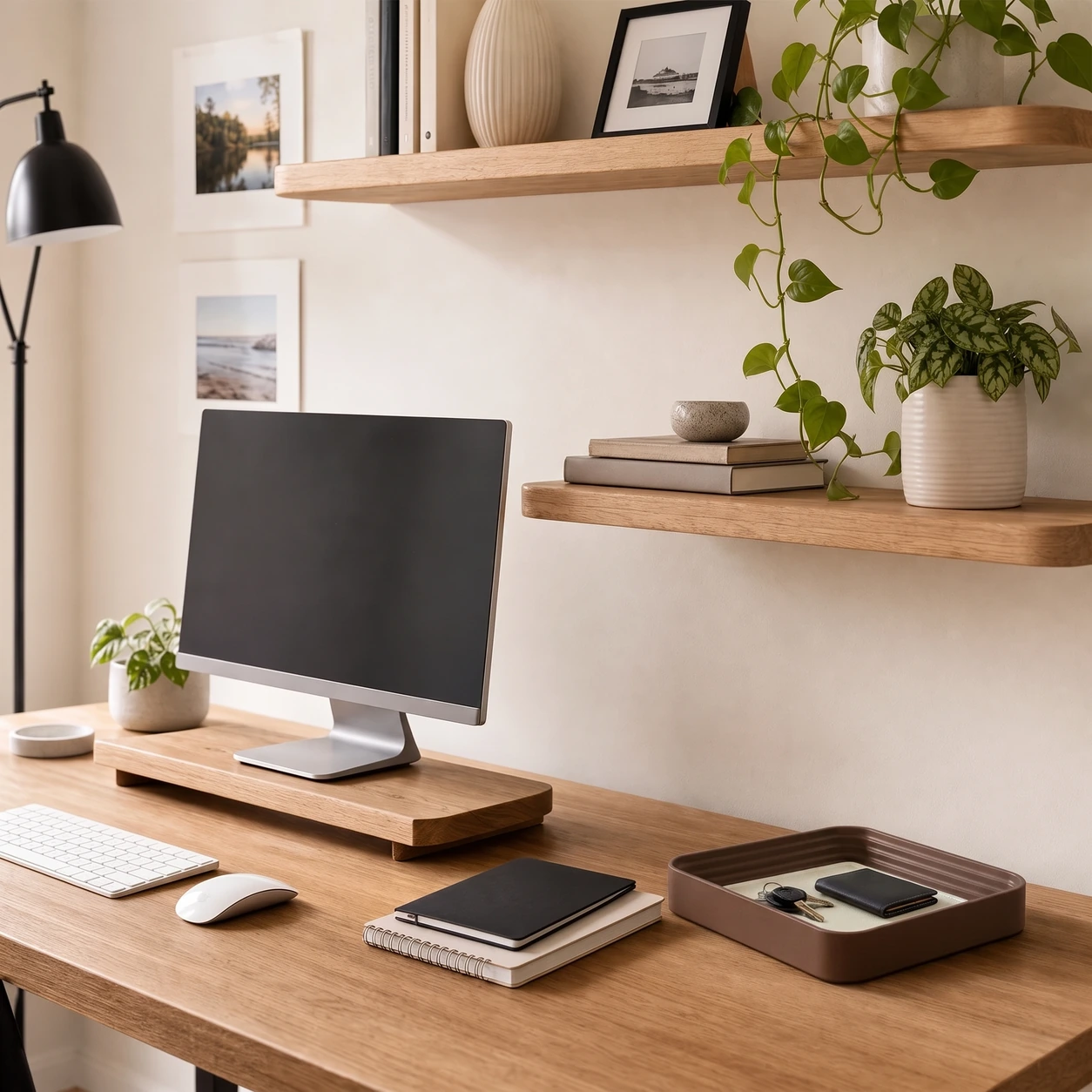 The Valet Tray in Chocolate Brown with Ivory styled in a modern home office