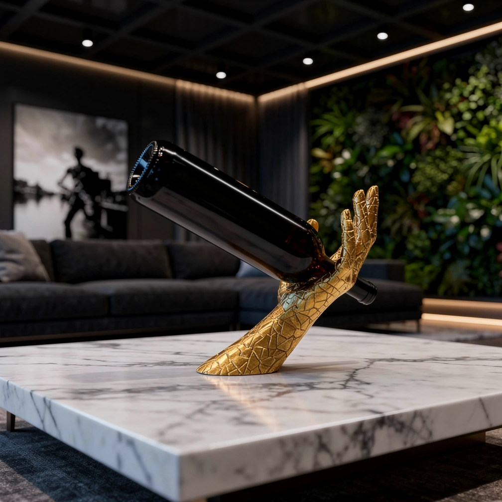 The Helping Hand Wine Bottle Holder in Gold styled on a marble table